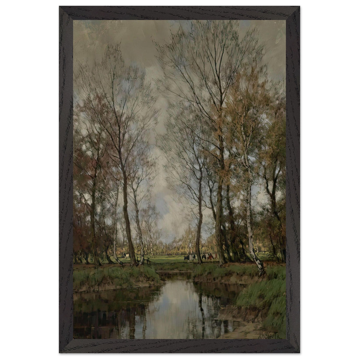 A Tranquil River Landscape with Cattle Watering in the Distance by Arnold Marc Gorter, framed poster, view 2