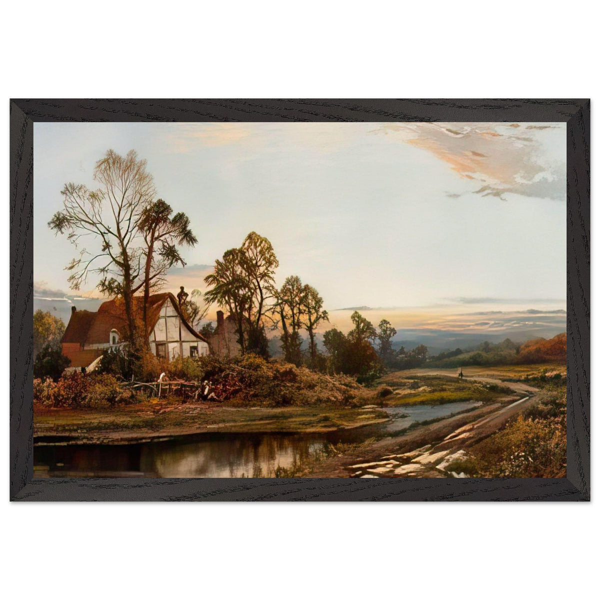 Abendliche Landschaft mit malerischem Gehöft an einem Gewässer by Daniel Sherrin, framed poster, view 2