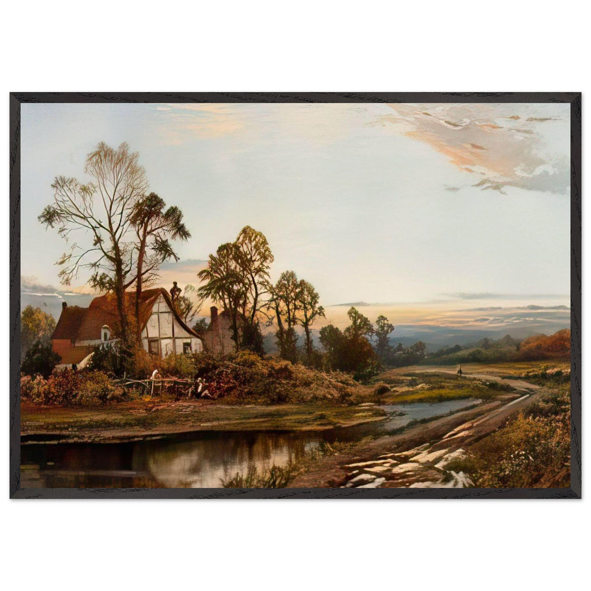 Abendliche Landschaft mit malerischem Gehöft an einem Gewässer by Daniel Sherrin, framed poster, view 3