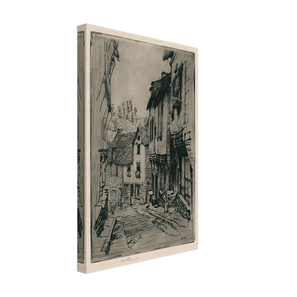 Aquafort Jerzual Street in Dinan with Cat by Józef Pankiewicz, canvas, view 2