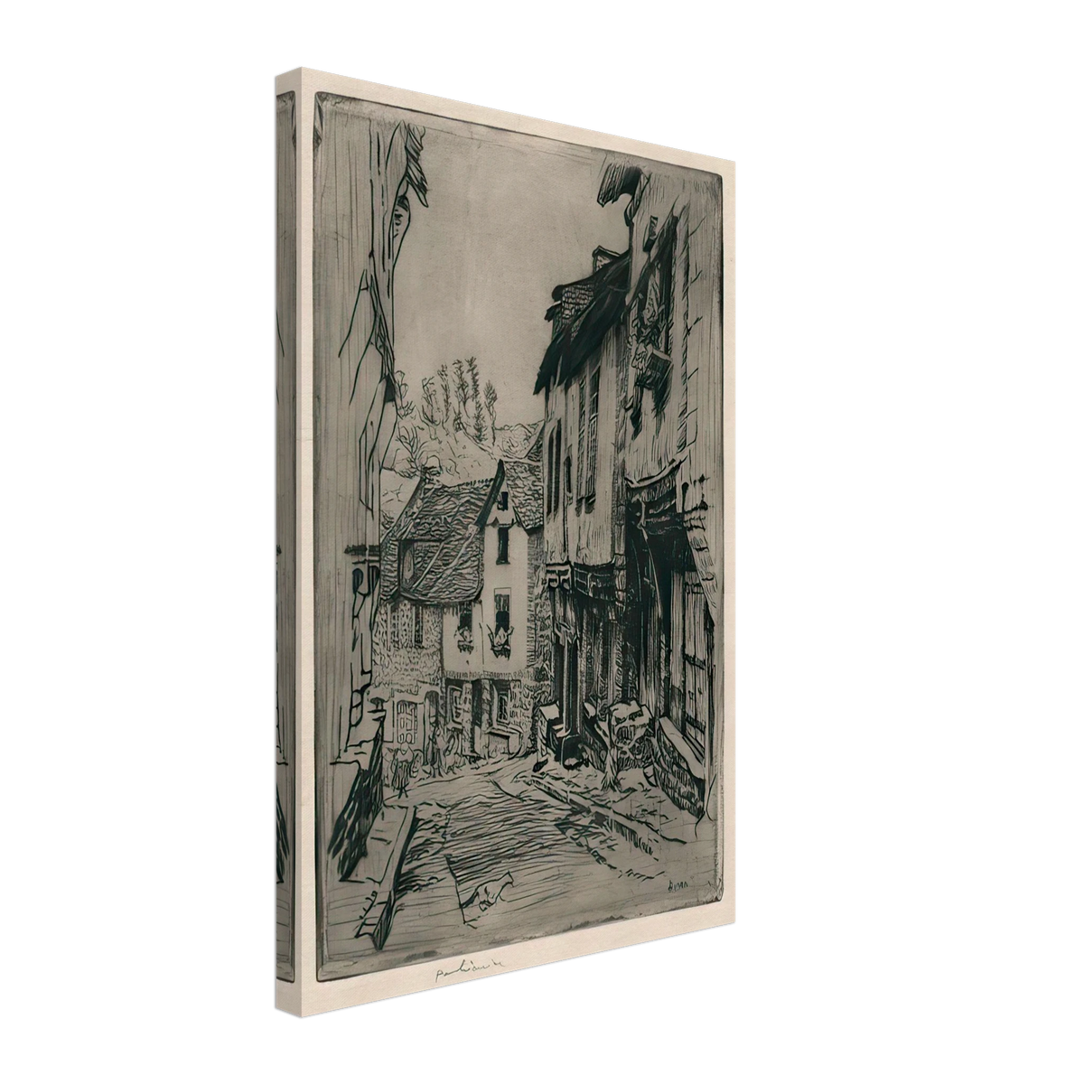 Aquafort Jerzual Street in Dinan with Cat by Józef Pankiewicz, canvas