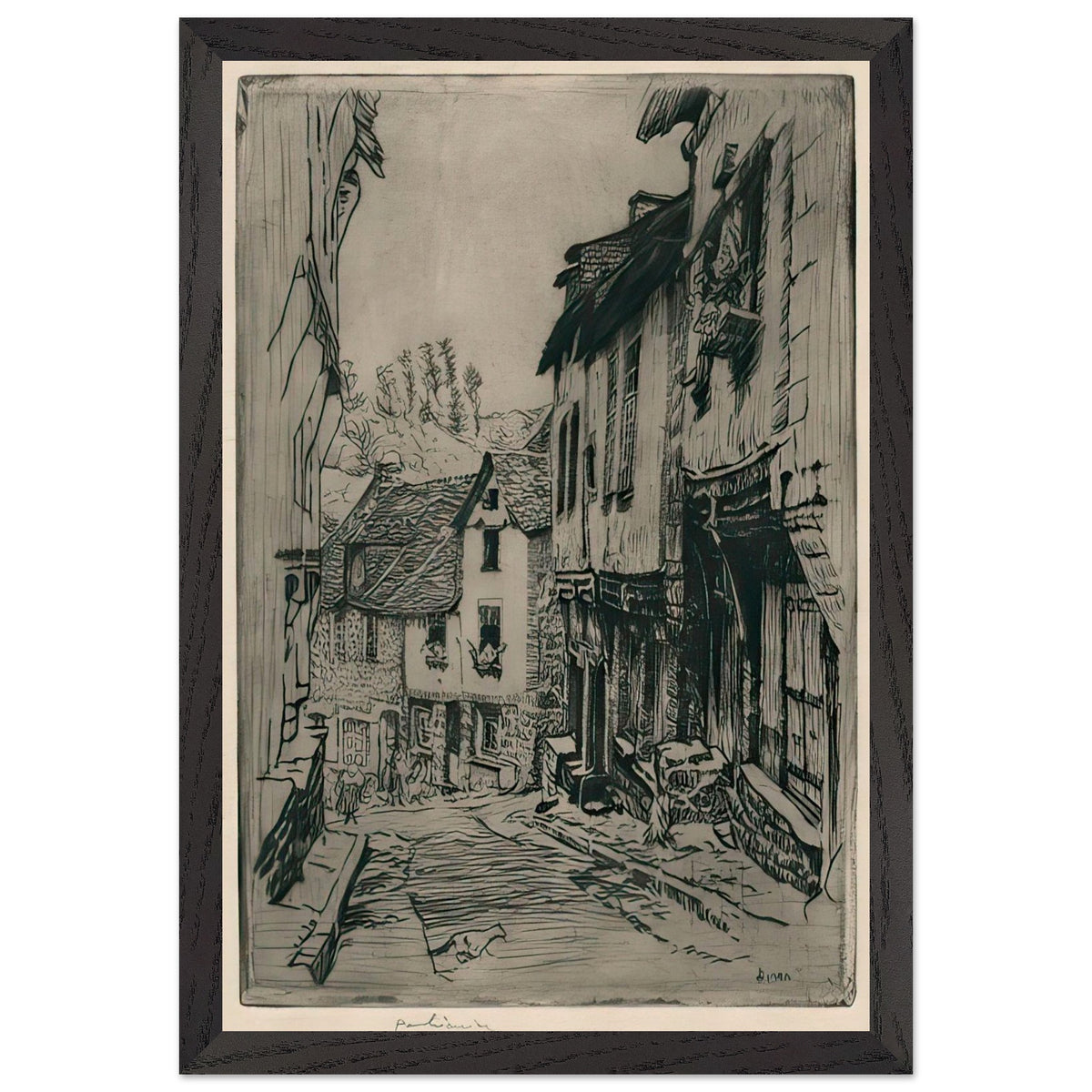 Aquafort Jerzual Street in Dinan with Cat by Józef Pankiewicz, framed poster, view 2