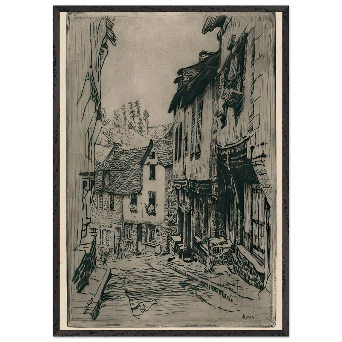Aquafort Jerzual Street in Dinan with Cat by Józef Pankiewicz, framed poster, view 3