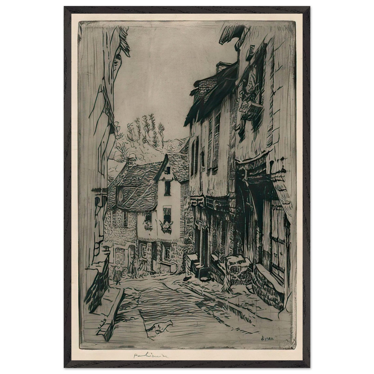 Aquafort Jerzual Street in Dinan with Cat by Józef Pankiewicz, framed poster