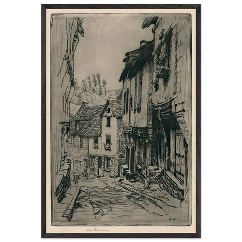 Aquafort Jerzual Street in Dinan with Cat by Józef Pankiewicz, framed poster