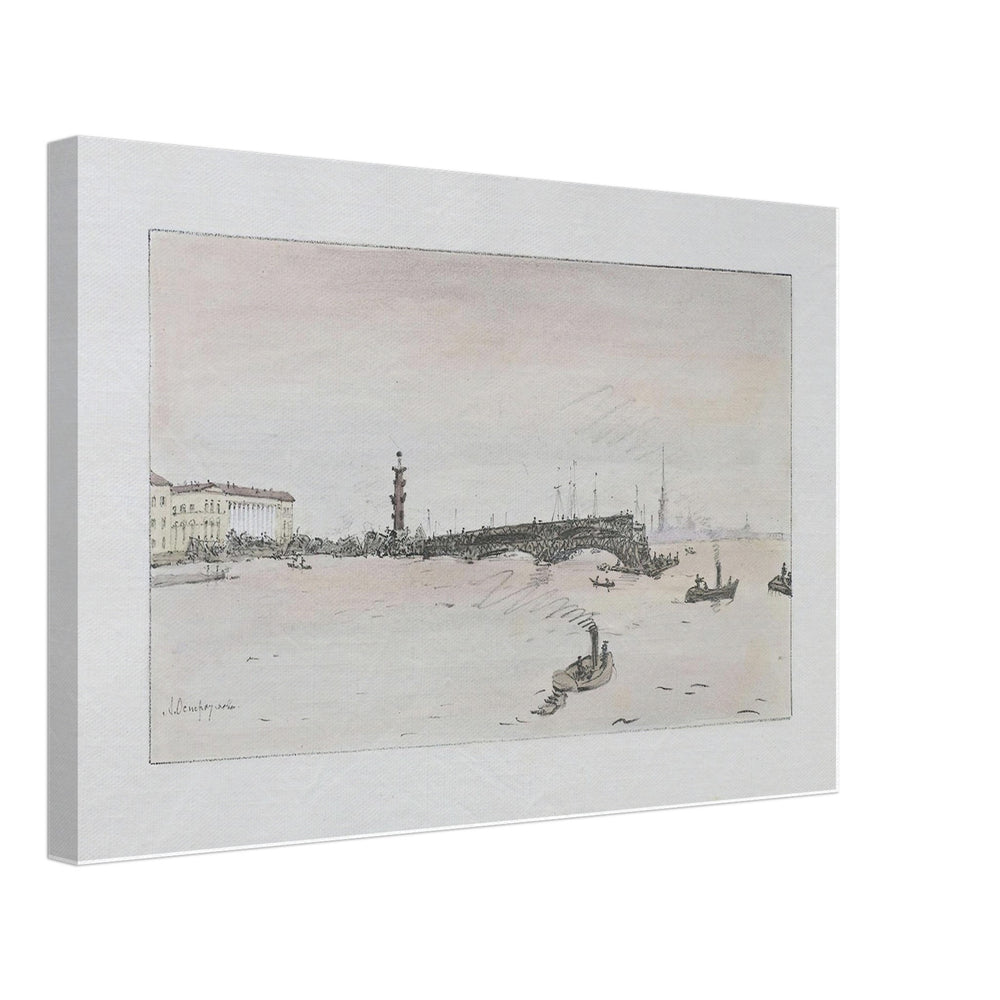 Construction of the Palace Bridge by Anna Ostroumova-Lebedeva, canvas