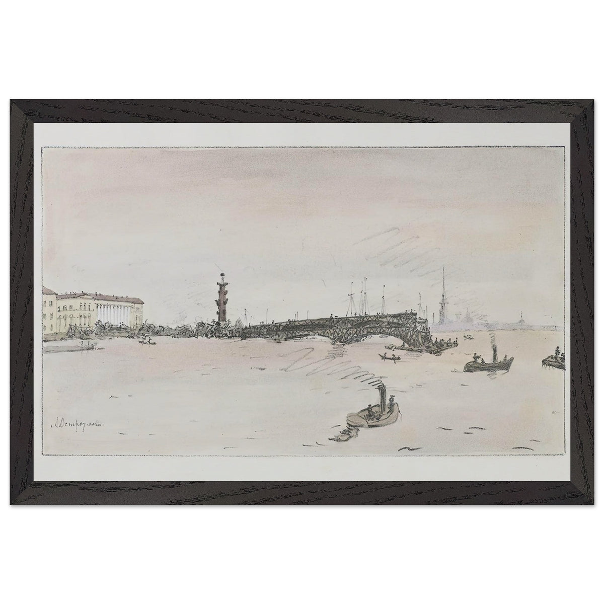 Construction of the Palace Bridge by Anna Ostroumova-Lebedeva, framed poster, view 2