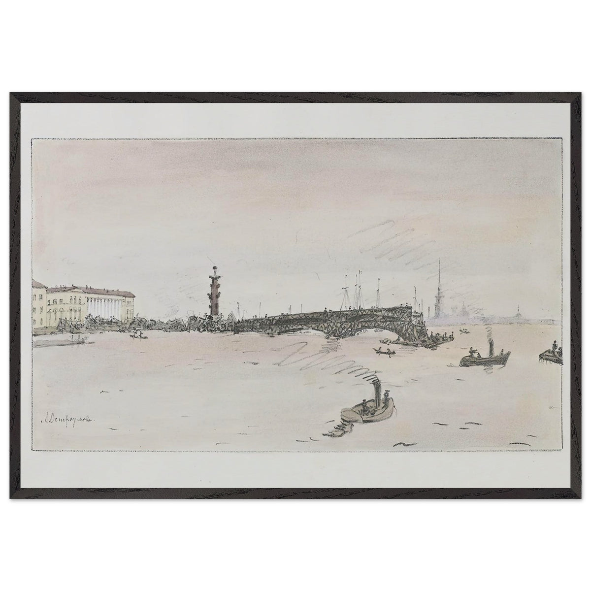 Construction of the Palace Bridge by Anna Ostroumova-Lebedeva, framed poster, view 3