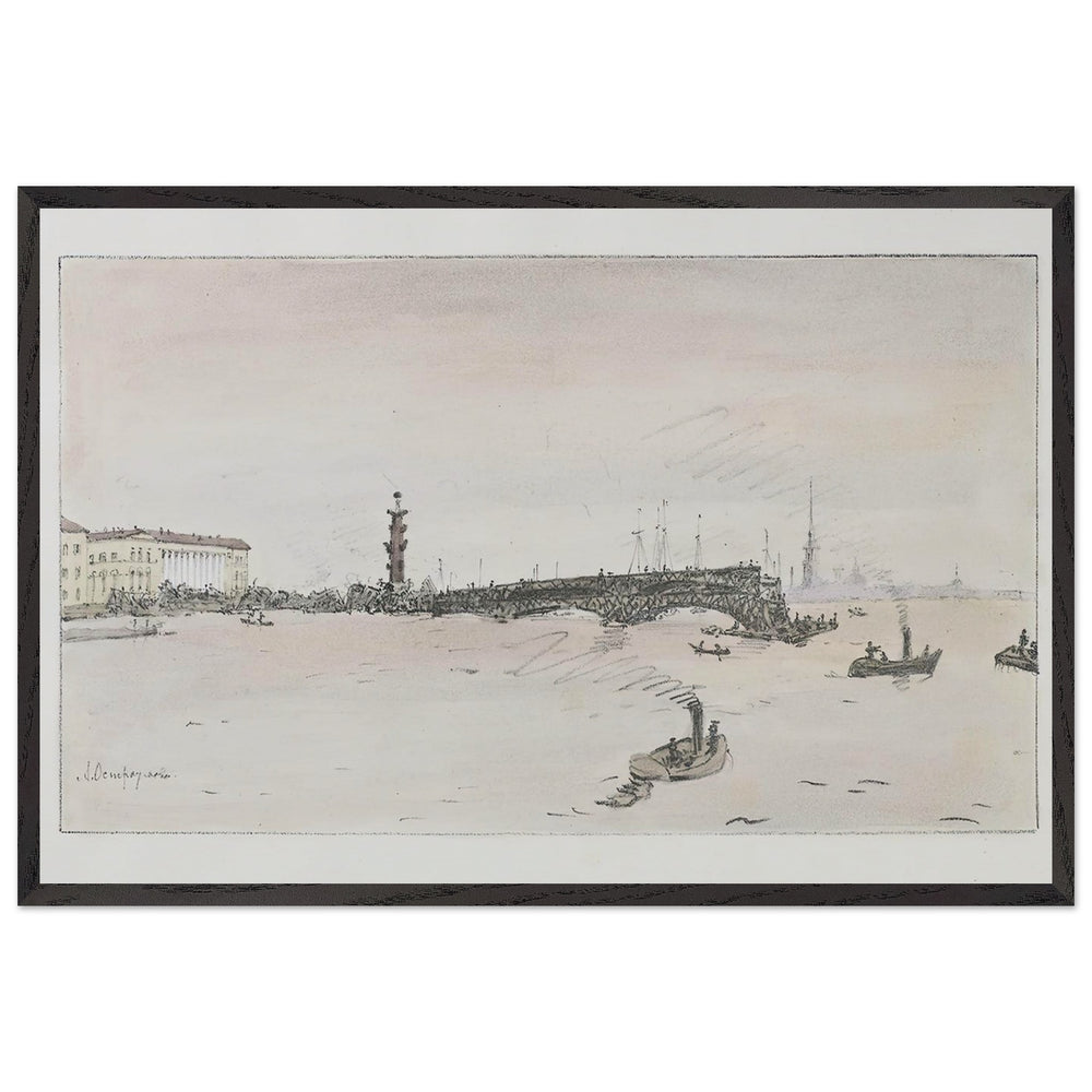 Construction of the Palace Bridge by Anna Ostroumova-Lebedeva, framed poster