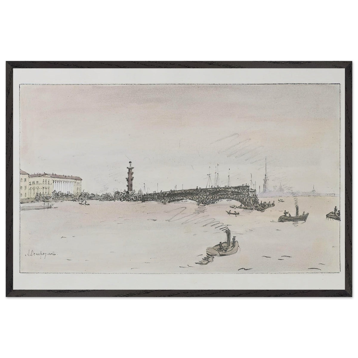 Construction of the Palace Bridge by Anna Ostroumova-Lebedeva, framed poster