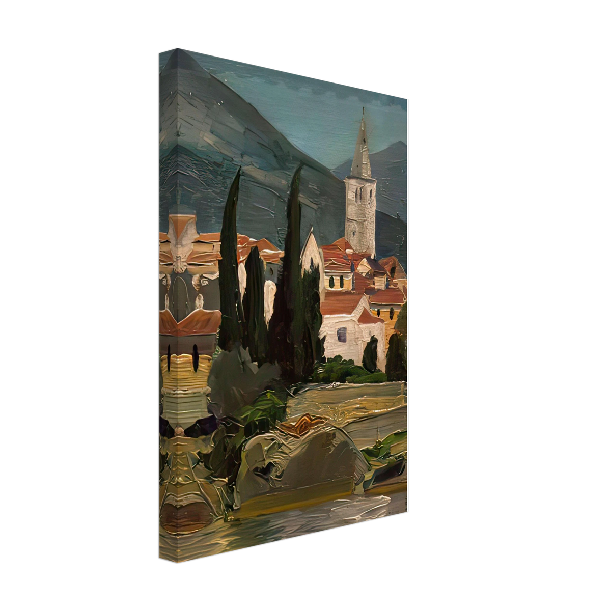 Landscape with a Church and Cypresses Ca 1914 by Józef Pankiewicz, canvas, view 2