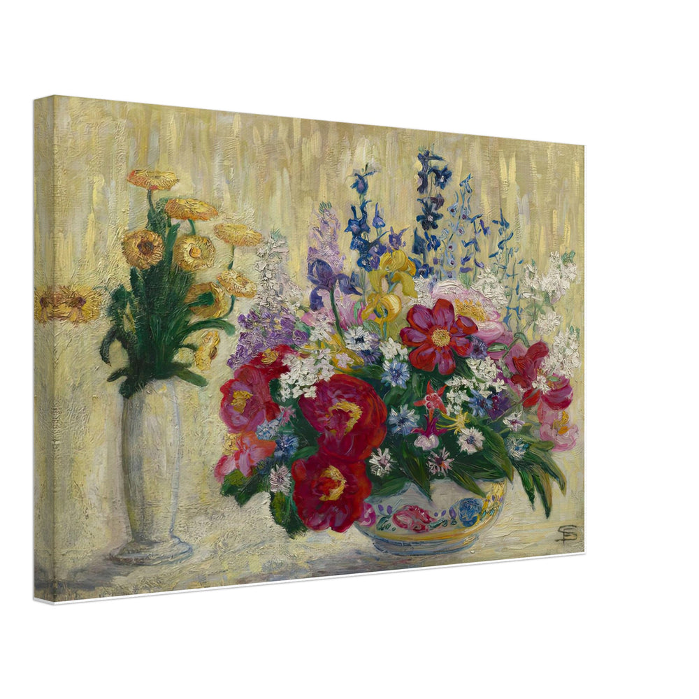 Marigolds, Rose Peonies, Purple Delphiniums, & Gold Iris by Florine Stettheimer, canvas