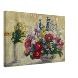 Marigolds, Rose Peonies, Purple Delphiniums, & Gold Iris by Florine Stettheimer, canvas