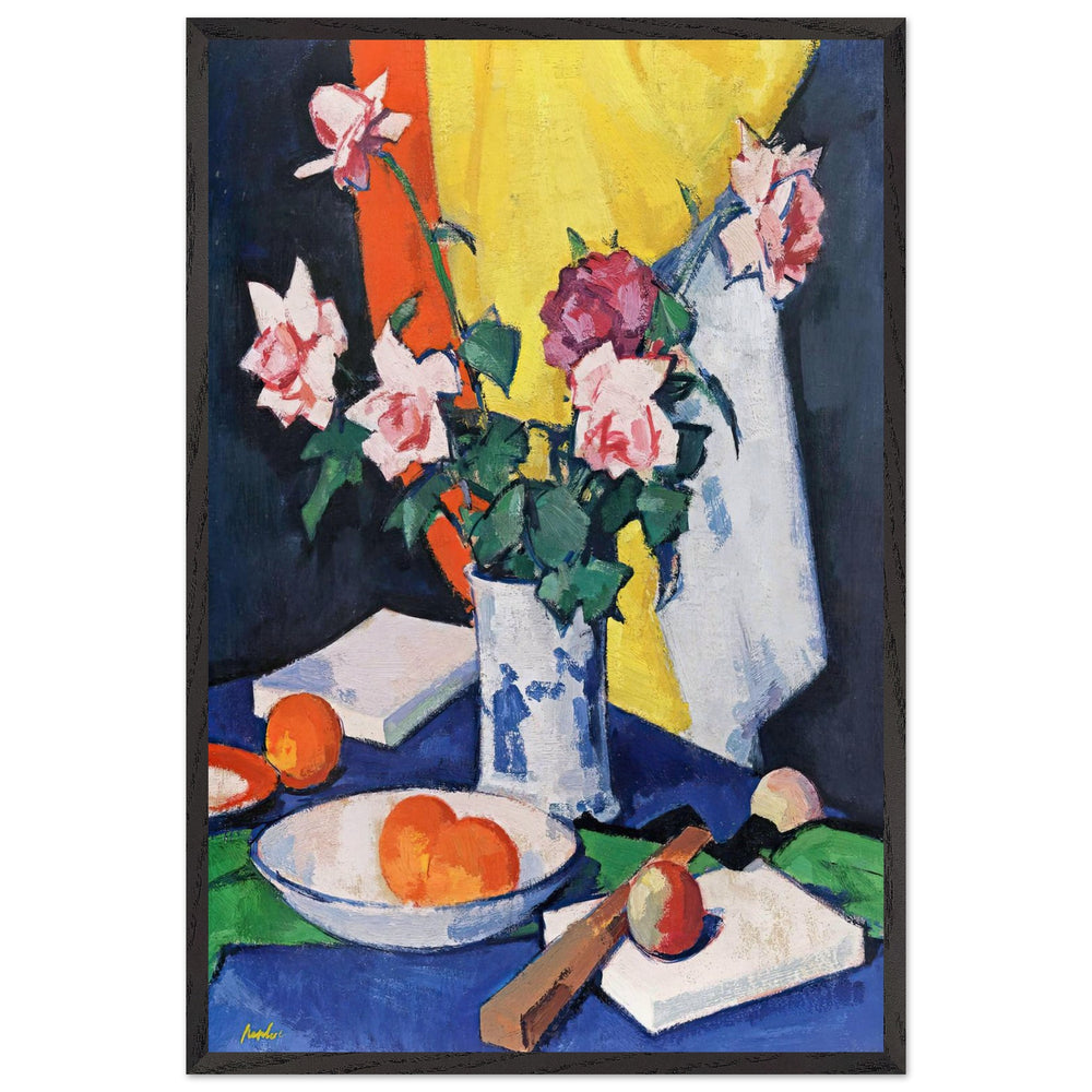 Red and Pink Roses, Oranges and Fan by Samuel Peploe, framed poster