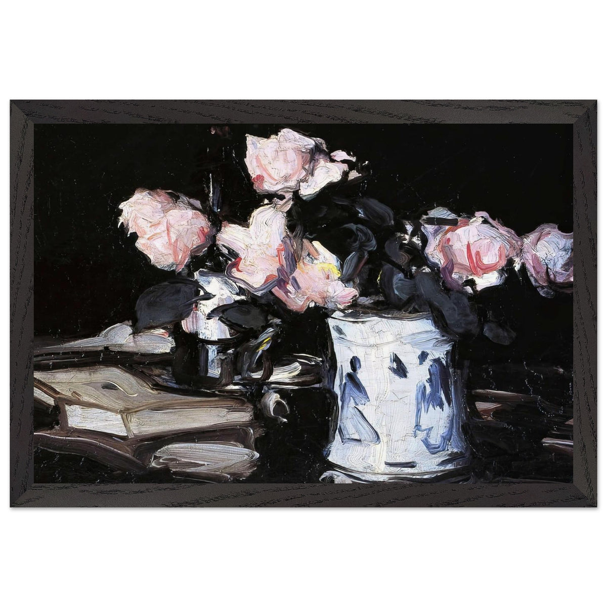 Roses in a Blue and White Vase, Black Background by Samuel Peploe, framed poster, view 2