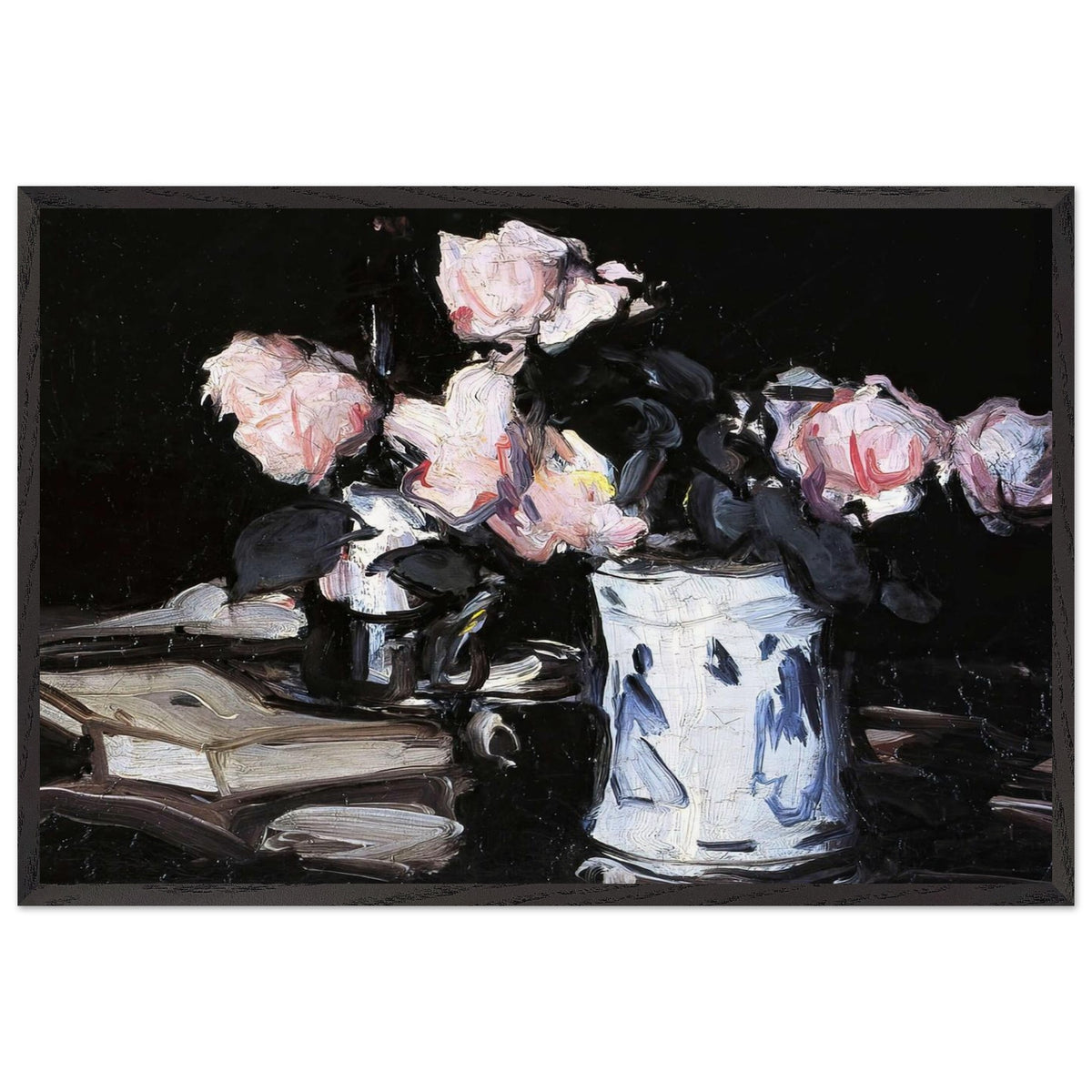 Roses in a Blue and White Vase, Black Background by Samuel Peploe, framed poster