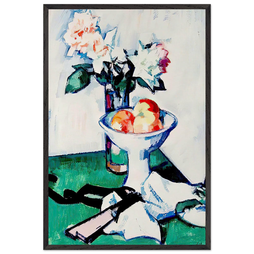 Still Life of Roses and a Bowl of Apples on a Green Tablecloth by Samuel Peploe, framed poster