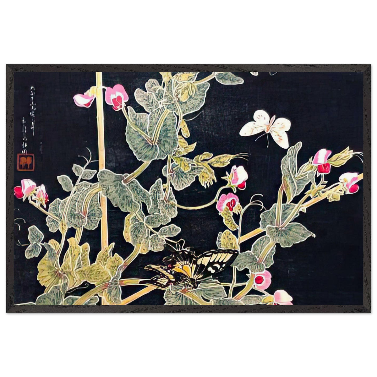 Sweetpeas and Butterflies by Shotei Takahashi, framed poster