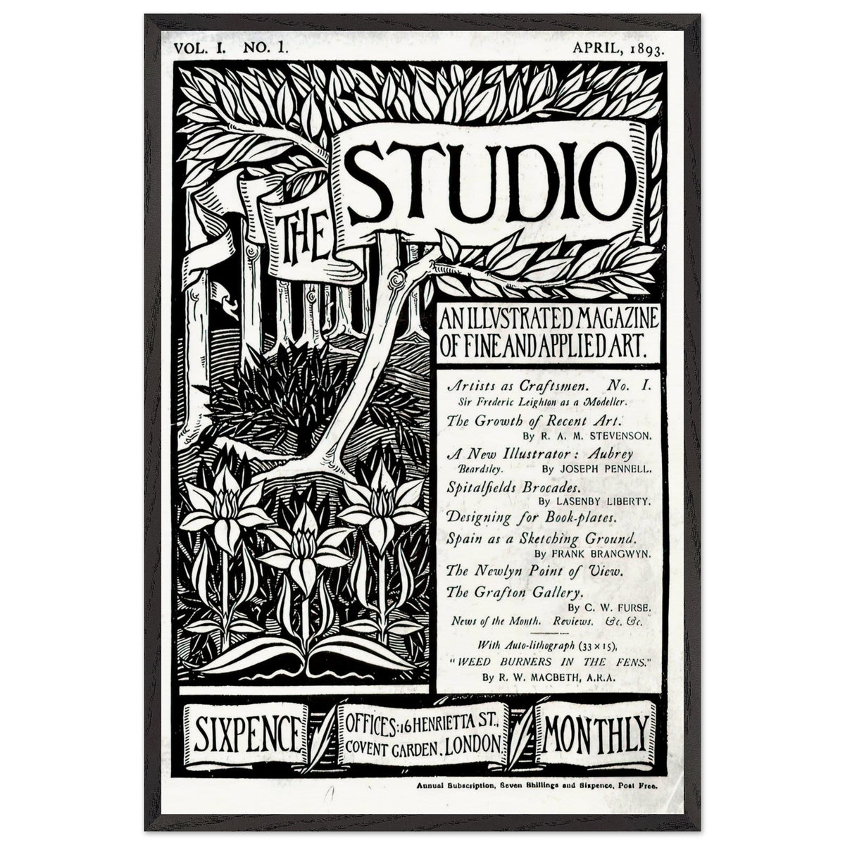 The Cover of The Studio Volume 1 by Aubrey Beardsley, framed poster