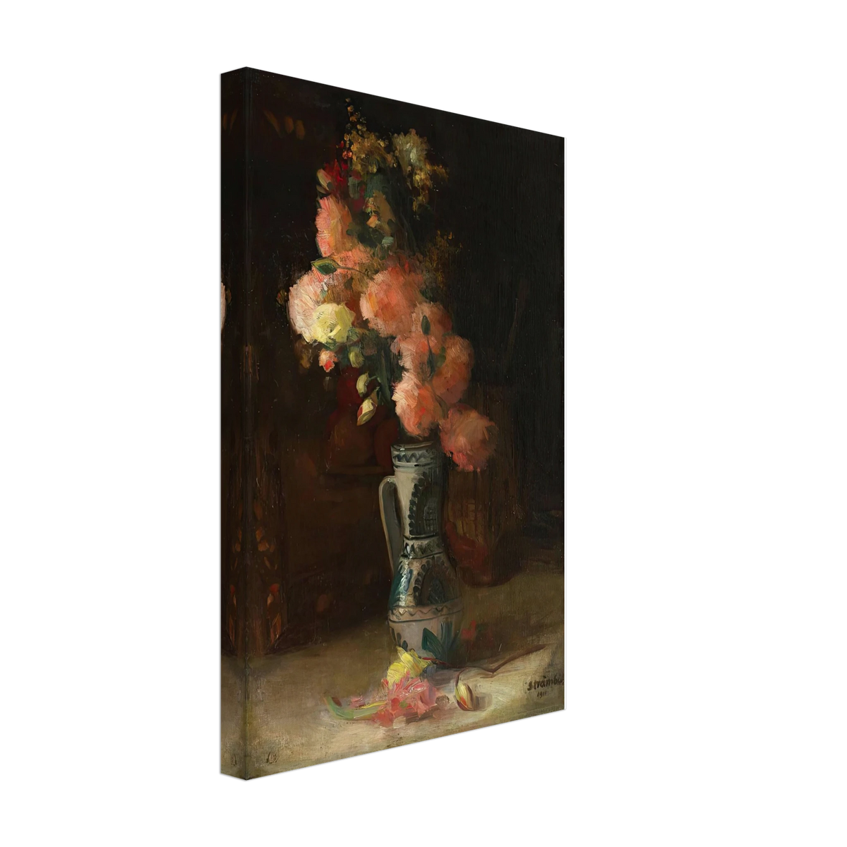 Vase with Roses and Chrysanthemums by Ipolit Strambu, canvas, view 2