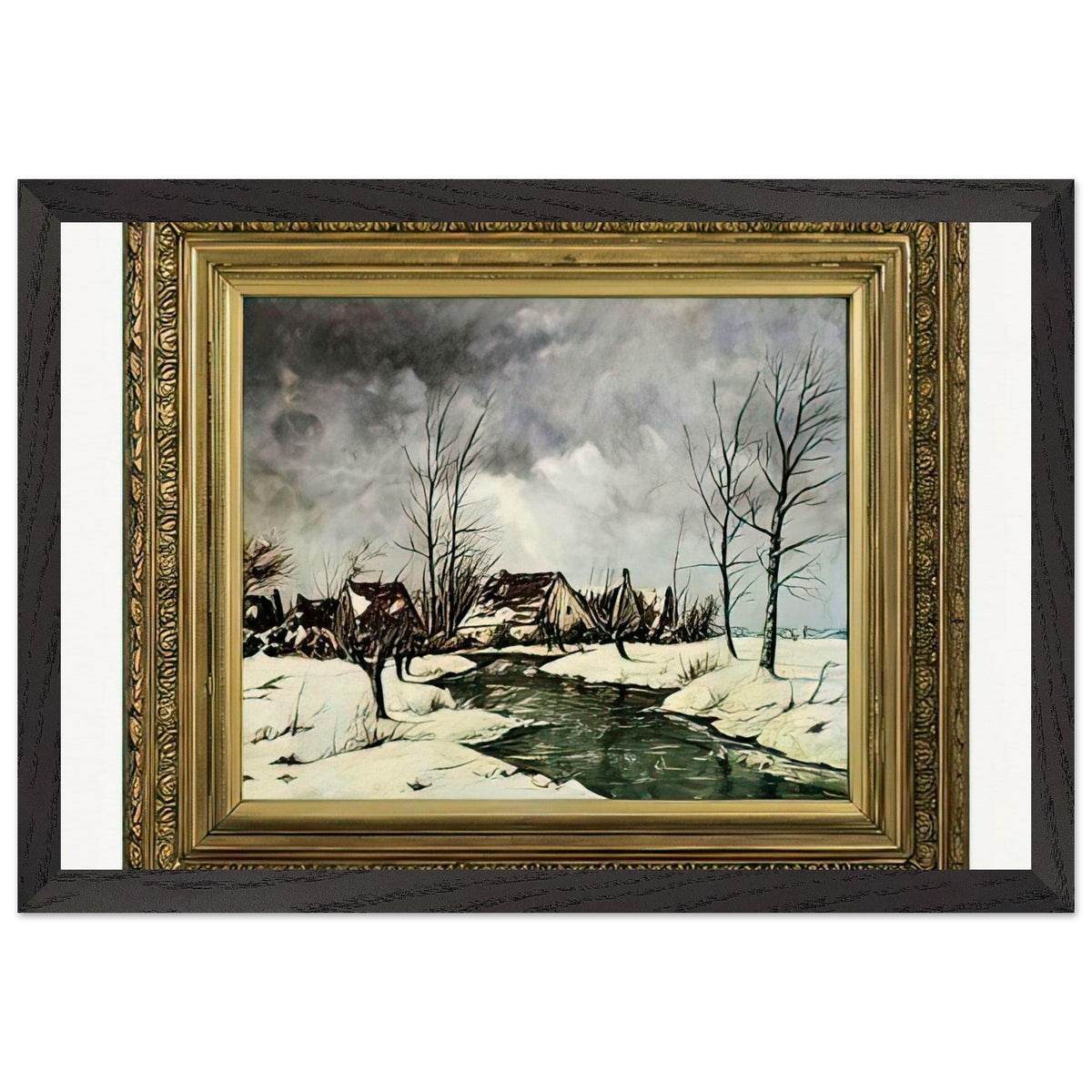 Winterlandschap met huizen aan rivier by Arnold Marc Gorter, framed poster, view 2
